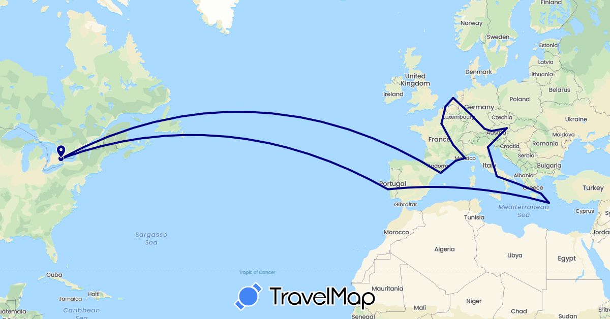 TravelMap itinerary: driving in Austria, Belgium, Canada, Germany, Spain, France, Greece, Italy, Monaco, Netherlands, Portugal (Europe, North America)