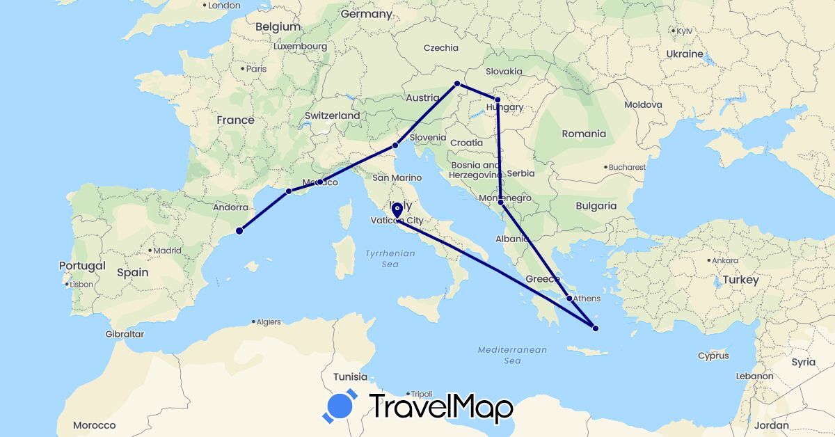 TravelMap itinerary: driving in Austria, Spain, France, Greece, Hungary, Italy, Monaco, Montenegro (Europe)