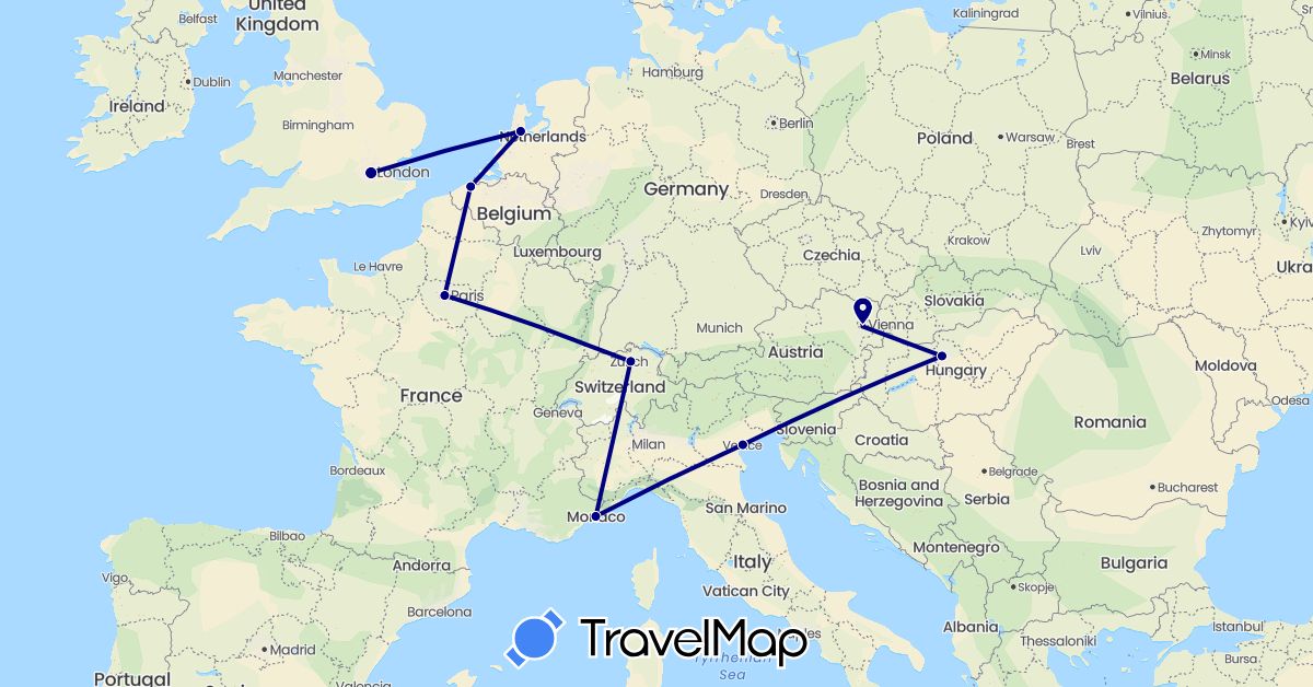 TravelMap itinerary: driving in Austria, Belgium, Switzerland, France, United Kingdom, Hungary, Italy, Monaco, Netherlands (Europe)