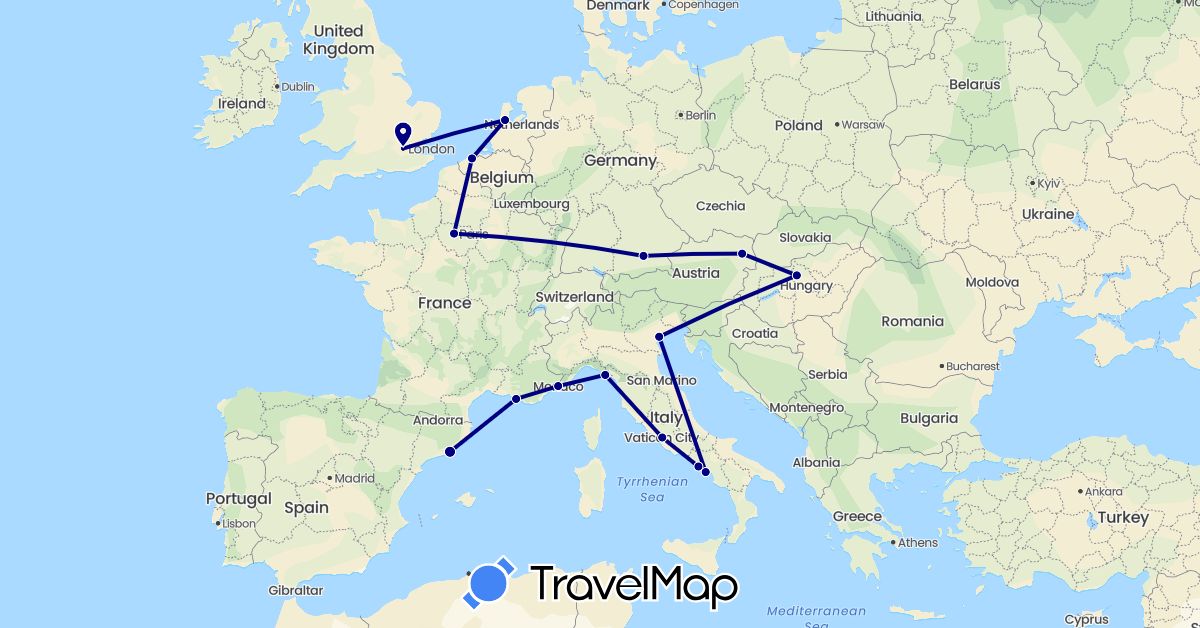 TravelMap itinerary: driving in Austria, Belgium, Germany, Spain, France, United Kingdom, Hungary, Italy, Monaco, Netherlands (Europe)