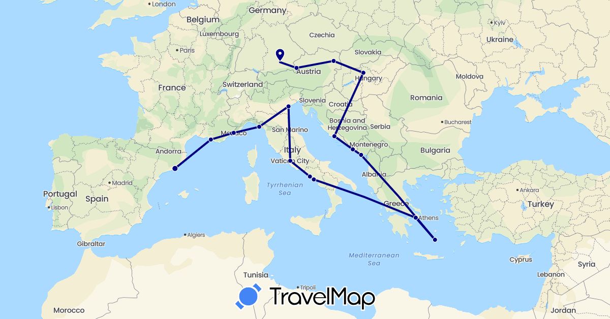 TravelMap itinerary: driving in Austria, Germany, Spain, France, Greece, Croatia, Hungary, Italy, Monaco, Montenegro (Europe)